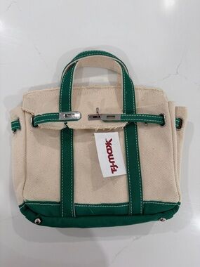 T.J.Maxx Cream Canvas Mini Tote with Green Trim Boatkin